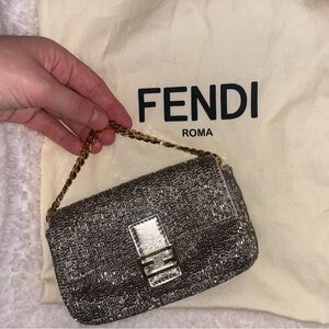 Fendi Mini Baguette Clutch / Silver Sequins / Gold Chain / Authentic